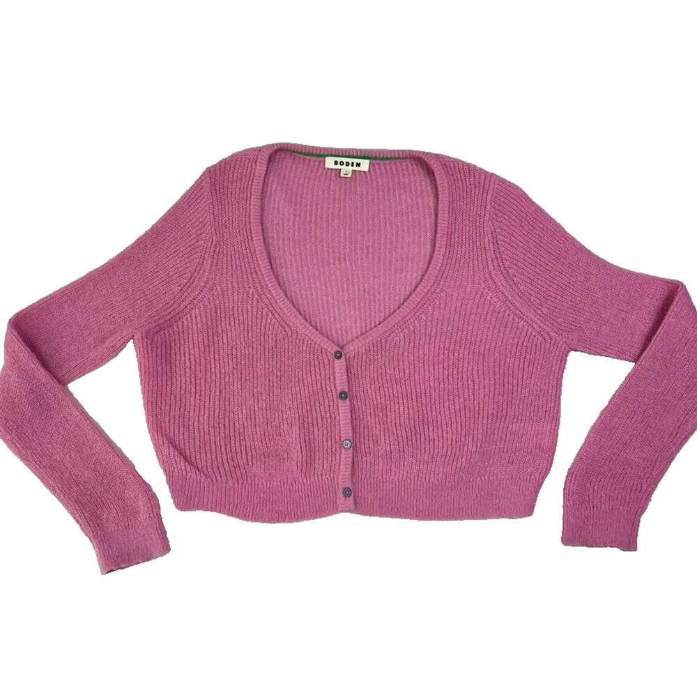BODEN Cardigan Sweater Womens M Pink Cropped Fluffy Alpaca Wool Blend